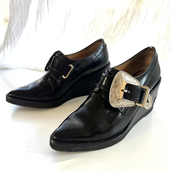 TOGA PULLA Black Leather Western Buckle Wedge Shoes Loafers Pointed Toe Size 37